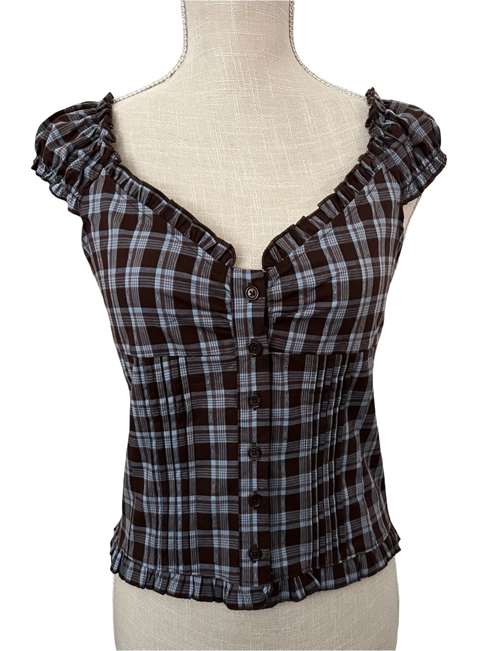 Ruffled Plaid Button-Front Top in Brown & Light Blue